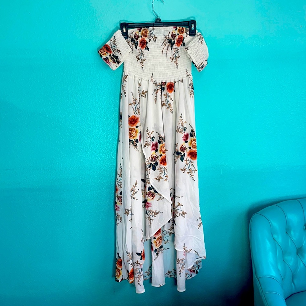 White off the shoulder slit floral dress